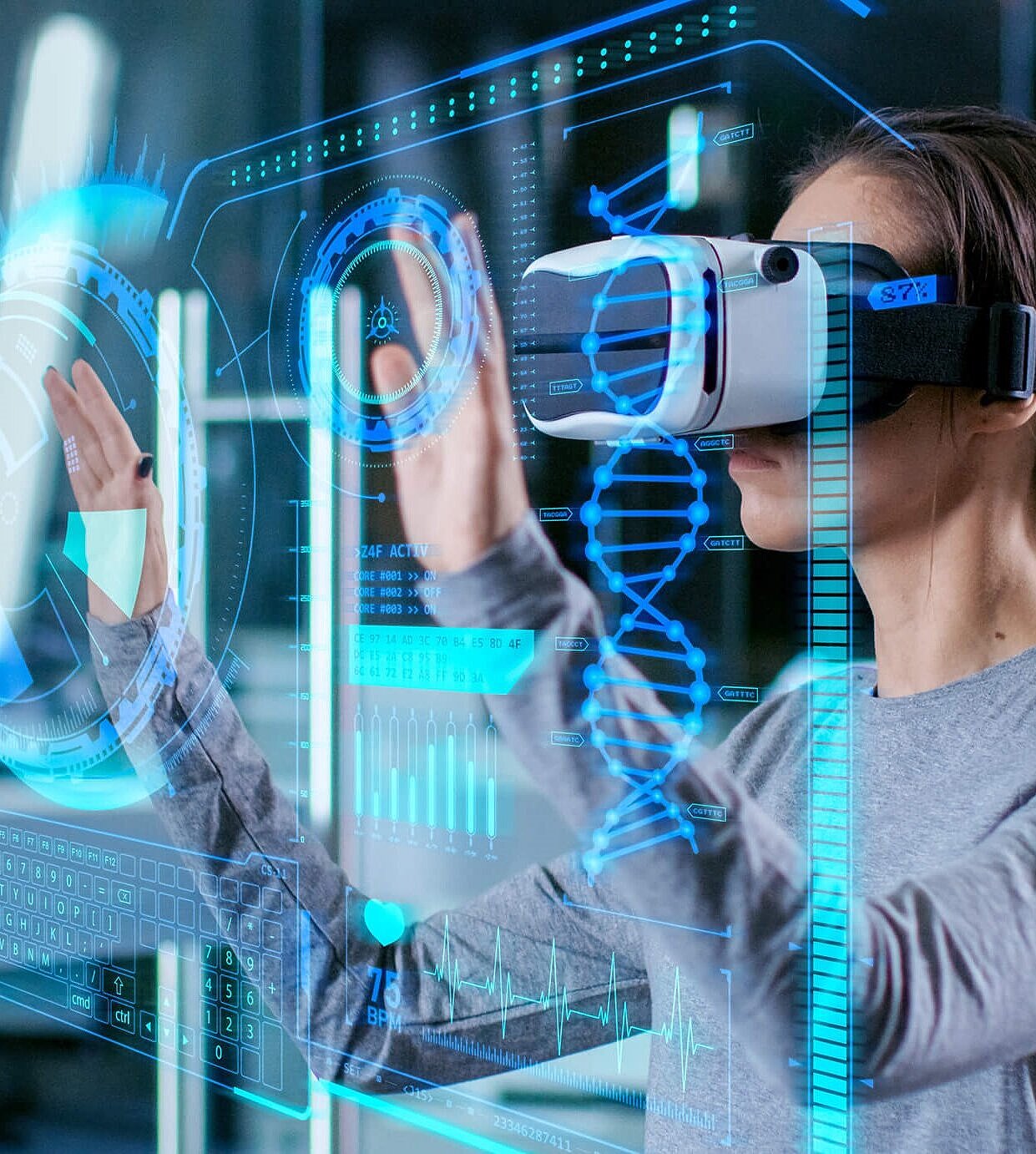 A woman wears vr glasses and touchs a digital board