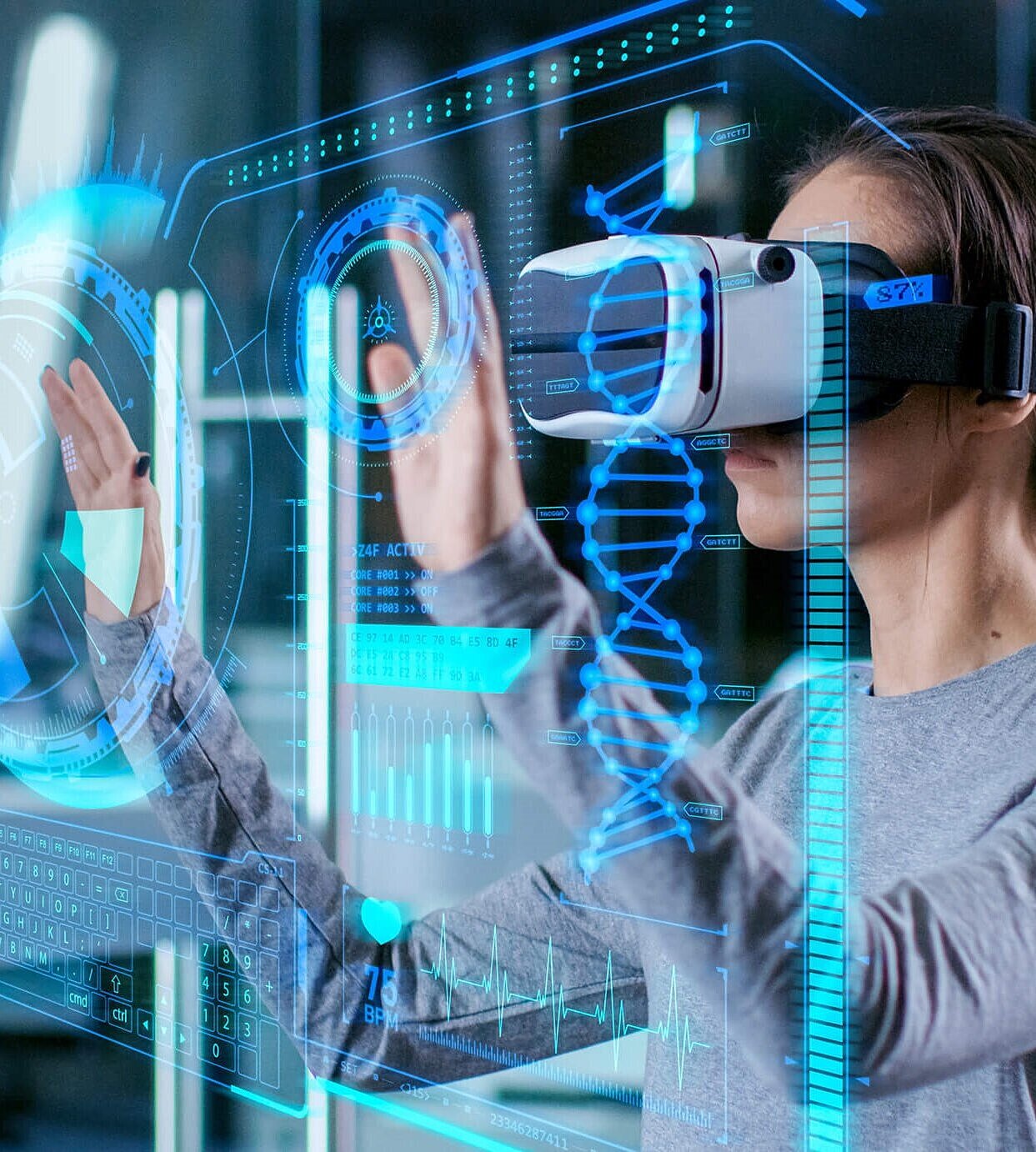 A woman wears vr glasses and touchs a digital board